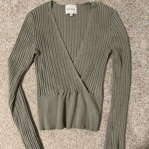 Pink Rose Olive Ribbed V-Neck Sweater